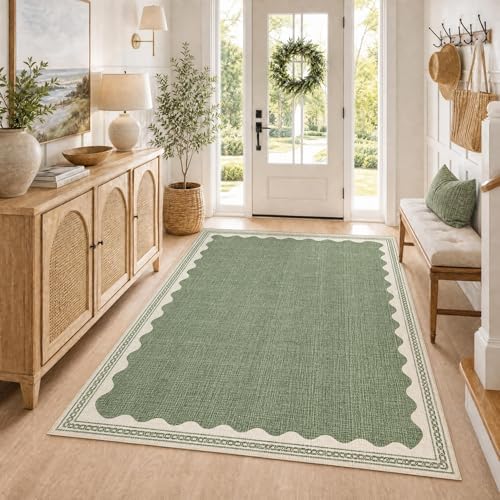 GarveeHome Scalloped Washable Rugs 5x7 Rug for Living Room, 5 x 7 Rug Solid Sage Green Modern Low-Pile Carpet for Bedroom Dining Nursery Non Slip Mat with Rubber Back - Image 3
