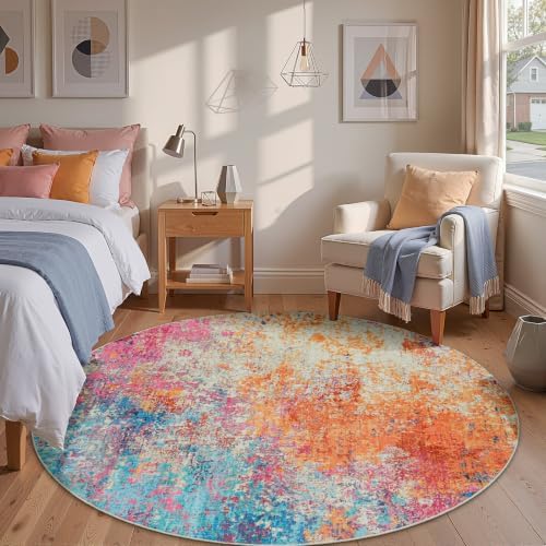 Rugflix Washable 6ft Round Area Rug, Rainbow Abstract Rug for Bedroom - Image 3