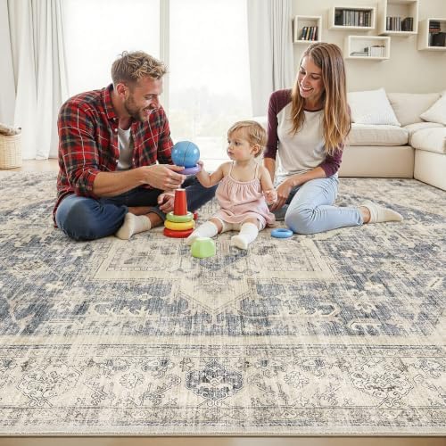 Vintage 9x12 Rugs for Living Room Washable Area Rug Blue Beige - Image 4