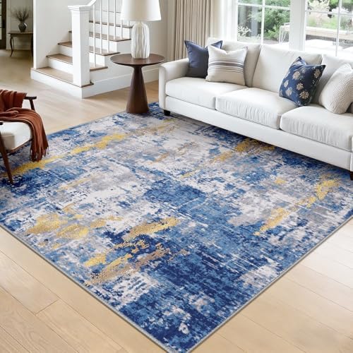 RELEANY Washable Square 8'x8' Area Rug for Living Room Blue Gold by RELEANY