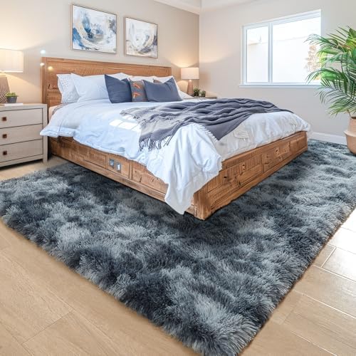 6x9 Large Tie-Dyed Blue and Grey Fluffy Area Rug Non-Slip for Kids Bedroom - Image 3