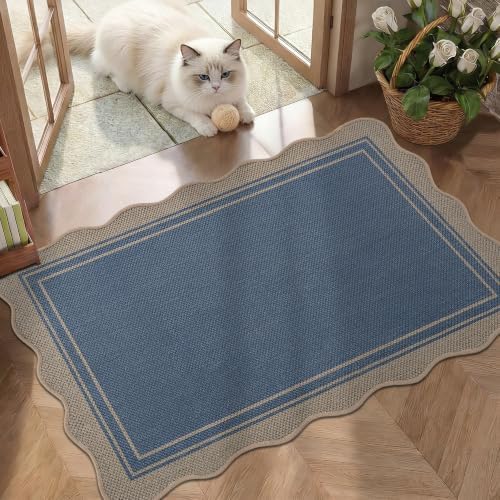 Scalloped Easy Jute Kitchen Rug 2x3 Front Door Mat Entryway Rug Blue - Image 2