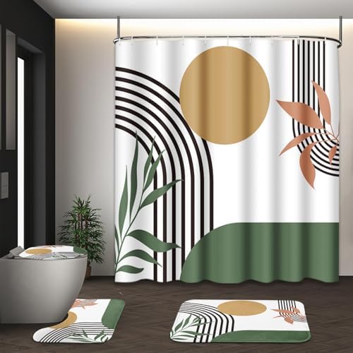 Bathroom Sets with Shower Curtain and Rugs, Set of 4, Boho Green by Tayney