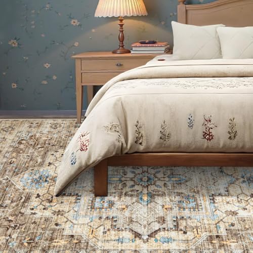 Area Rug 6x9 Vintage Rug: Washable Indoor Medallion Rugs Low Pile Distressed Floor Carpet Retro Accent Rug for Living Room Bedroom Kitchen Dining Table Home Office(Brown/Blue, 6'x9') - Image 4
