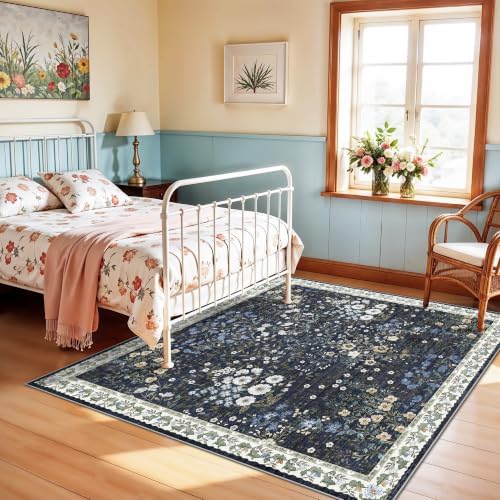 7x7 Vintage Floral Dining Room Rug - 7ft Square Low Pile Non Slip Machine Washable Area Rug, Indoor Carpet for Under Table/Bed Living Room Bedroom Office Nursery Entryway Playroom (7ft Square, Green) - Image 5