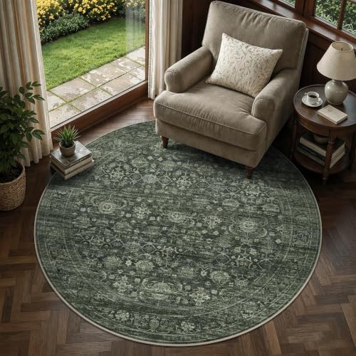 JOOJA 6x6 Dark Green Vintage Low Pile Washable Boho Round Living Room Rug by JOOJA