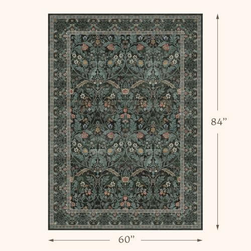 Dusty Teal Area Rug for Entryway Living Room, Floral Washable Rugs 5x7 for Bedroom, Dining Room, Moody Home Office Décor, Low Pile Non Slip Mat Indoor, Forest Botanical Pattern Carpet(Dark Green) - Image 2