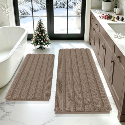 ACCUMTEK Striped Dark Beige Bathroom Rug Mat Set 2 piece 24"x17"+48"x20" Ultra Soft, Non Slip Chenille Bath Rugs, Absorbent Plush Shaggy Bath Mats for Bathroom, Bedroom, Kitchen, Shower, Tub,Taupe by ACCUMTEK