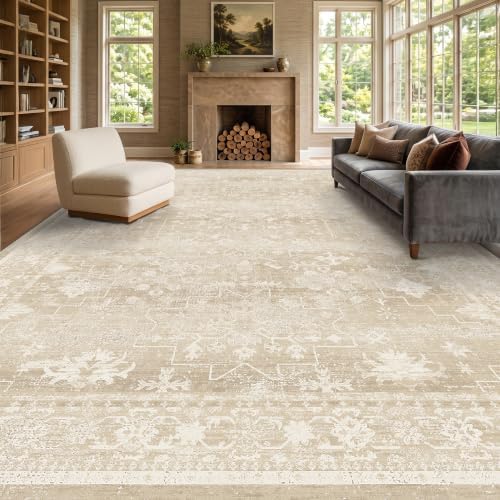Beige Farmhouse 10x14 Area Rugs for Living Room, Neutral Creamy Sandy Gold Washable Large Rug for Bedroom Under Bed with Distressed Geometric Design, Soft Stain Resistant Low Pile Non-Slip - Image 3