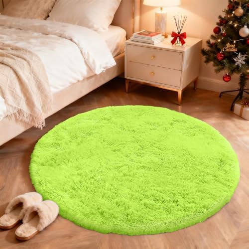 OLANLY Lime Green Round Rugs for Bedroom - Machine Washable, 4 ft Circle Area Rugs for Living Room, Soft and Fluffy Shaggy Carpet for Teen Girl and Boys, Nursery Rooms, Dorms, Home Decor Aesthetic - Image 3
