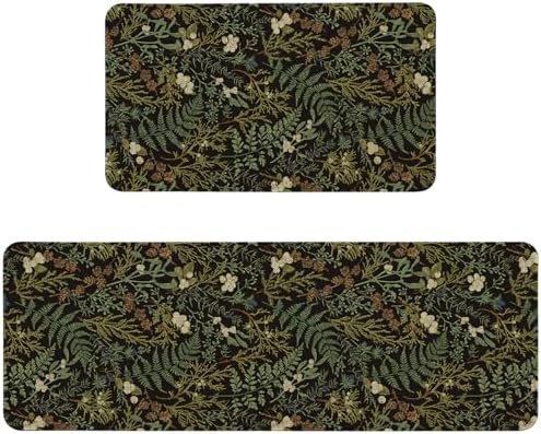 Vintage Black and Green Botanical Kitchen Rugs Sets of 2 Non Slip Washable, Fern and Leaves Kitchen Mats for Floor 2 Piece Home Decor by Unknown