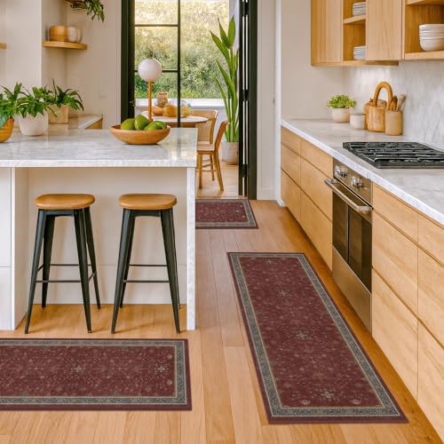 JTJ Burgundy Boho 3 Piece Kitchen Rug Set, Washable Non-Slip Mats - Image 3