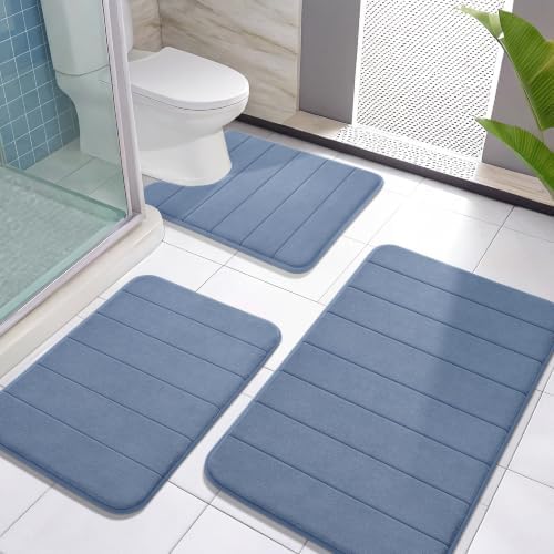 Yimobra Memory Foam Bath Mat Set 3 Pieces- Super Soft Absorbent Quick Dry Bathroom Rug Sets, Machine Washable Non Slip Floor Carpet for Tub Shower, Vanity & Toilet Base, Denim Blue by Yimobra