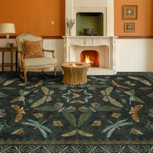6x9 Dark Green Area Rugs for Dining Room - Rugs for Living Room, Bedroom Under Bed, Insect Moth Floral Non Slip Low Pile Floor Carpet - Image 3