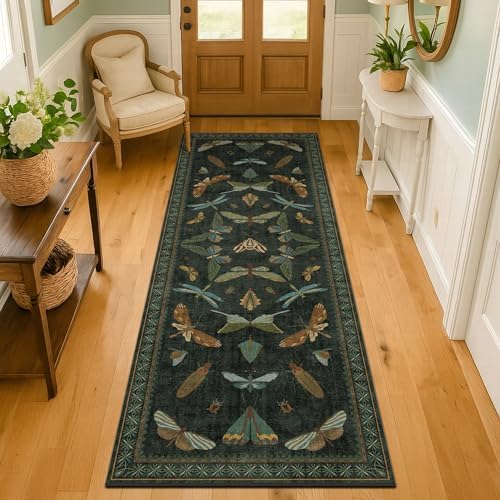 Hazo Haus Washable Insect 2x6 Runner Rug for Hallway- Stain Resistant Kitchen Runners, Floral Whimsical Indoor Floor Mat for Bathroom, Soft Non Slip with Rubber Backed, Dark Green by HazoHaus