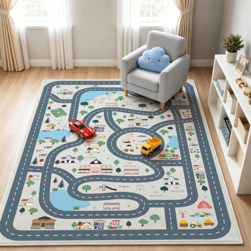 Car Rug Play Mat for Kids, Non Slip Car Track Rug Town City Road Map Playmat for Children, Washable Carpet for Boy Playroom Bedroom - 3x5 Ft by Bildenly