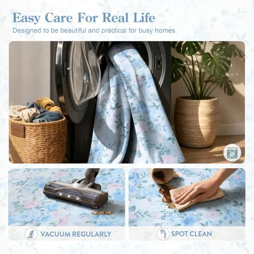 Lahome Blue Floral Bedside Rug 3x5, Low Pile Ultra-Thin Dorm Rug - Image 5