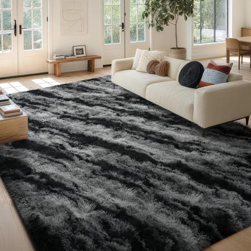 6x9 Non-Slip Fluffy Area Rugs For Living Room (Tie-dye Striped Black) - Image 2