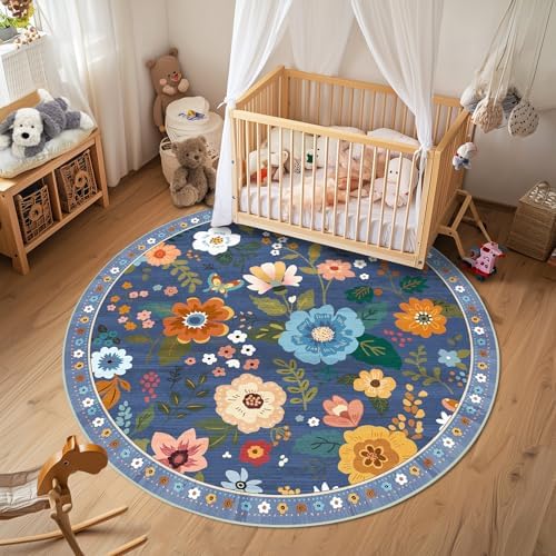 RELEANY Floral Washable Round 6ft Area Rug Blue/Grey - Image 6