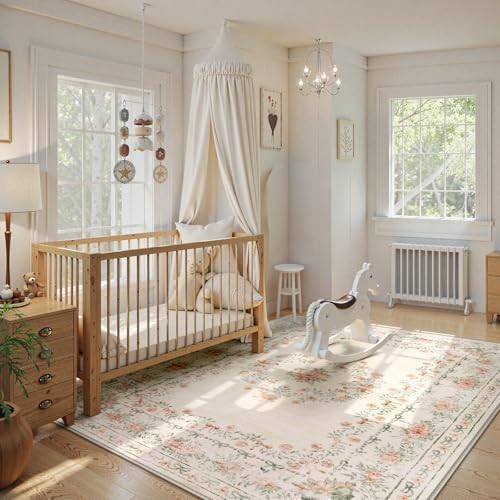 Wonnitar Floral Bow Print Washable 8x10 Rug, Beige Rugs for Living Room, Boho Non Slip Ultra-Thin Soft Neutral Carpet for Nursey Kids Room Dorm Living Room, Beige - Image 3