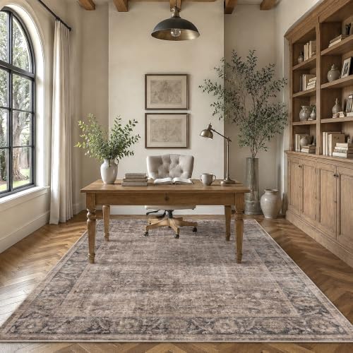 Washable 5x7 Bedroom Non-Slip Area Rug Retro Taupe Navy Throw Carpet - Image 3