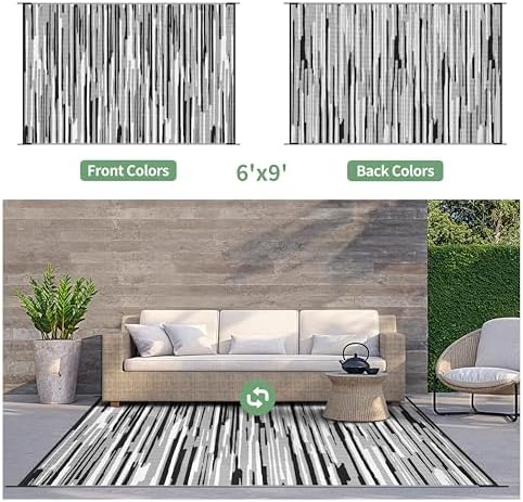 GENIMO Outdoor Rug for Patio Clearance, 6'x9' Waterproof Camping Mat, Reversible Plastic Straw Rugs for RV, Camper, Balcony, Backyard, Picnic, Deck (Black White) - Image 2