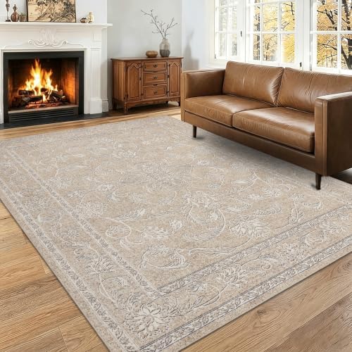 RCTJHOME 5x7 Beige Grey Vintage Floral Washable Area Rug Non-Slip Carpet by RCTJHOME
