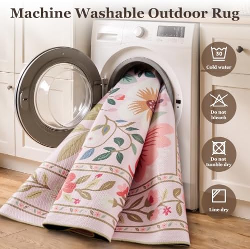 PADOOR Outdoor Rug 8x10 ft, Floral Washable Indoor Outdoor Area Rug, Flat‑Woven with Quick Dry Patio Carpet, Fade & Shed Resistant, Non‑Slip & Soft for Patio, Deck, Backyard, Porch, Living Room, Pink - Image 4