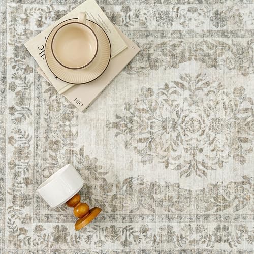PureCozy 7x9 Washable Area Rug Living Room Cream Beige Vintage Large Carpet - Image 5