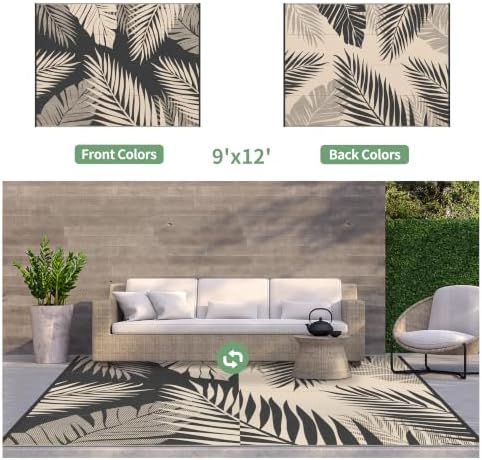 GENIMO Outdoor Rug, Waterproof Plastic Rugs for Patio, 9'x12' Black Beige - Image 2