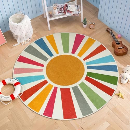STARUIA Small Round Rug 4 Ft Washable Round Rug for Kids Room, Colorful Sun Circle Rug for Playroom, Non-Slip Circular Office Carpet Soft Rainbow Rug for Bedroom Reading Corner Dorm by STARUIA
