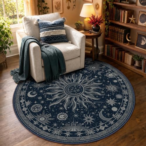 Vacuum-Friendly, Round 4ft Washable Area Rug, Blue Gray White by meejou
