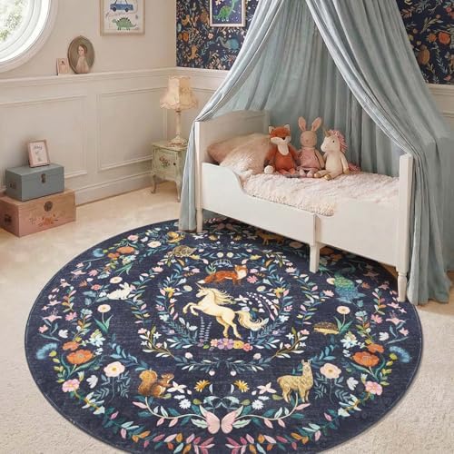 jinchan 6ft Round Rug Washable Kids Rug Whimsical Playroom, Navy Blue - Image 2