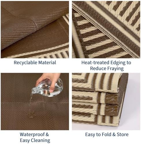 GAOMON Large Outdoor Camping Rug 9x18 Modern Bordered Reversible Outdoor Carpet Foldable Retro Plastic Straw Rug Portable Outside Patio Rugs Floor Mat for Porch, Beach, Balcony, Backyard,Border-Brown - Image 3