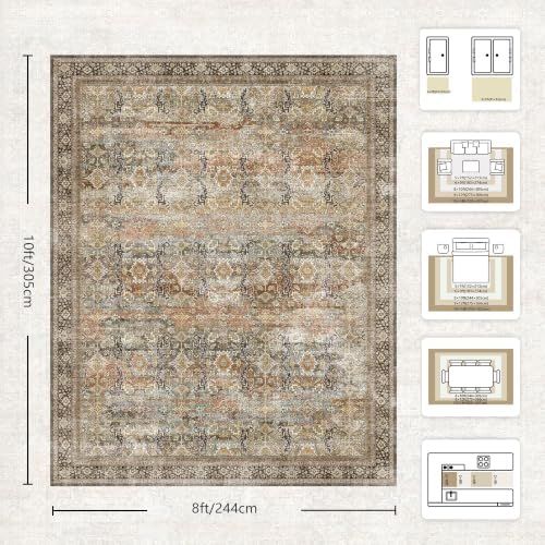 8x10 Area Rugs for Living Room - Washable Vintage Retro Large Rug, Soft Ultra Thin Non Slip Low Pile Traditional Distressed Boho Carpet for Bedroom Dining Room Home Office, Beige & Terracotta - Image 2