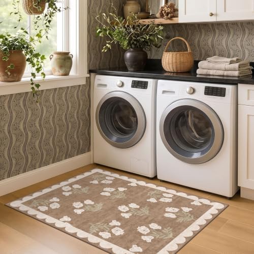 3x4 Floral Entry Rug - Small Washable Indoor Outdoor Mats for Front Door Non-Slip Porch Rug Tan Boho Neutral Farmhouse Throw Rugs for Living Room Bedroom Entryway Kitchen Office Porch Decor - Image 5