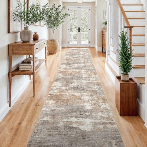3x15 Runner Rug Washable Abstract: Non Slip Hallway Floor Mat Brown/Brick by Ksrau