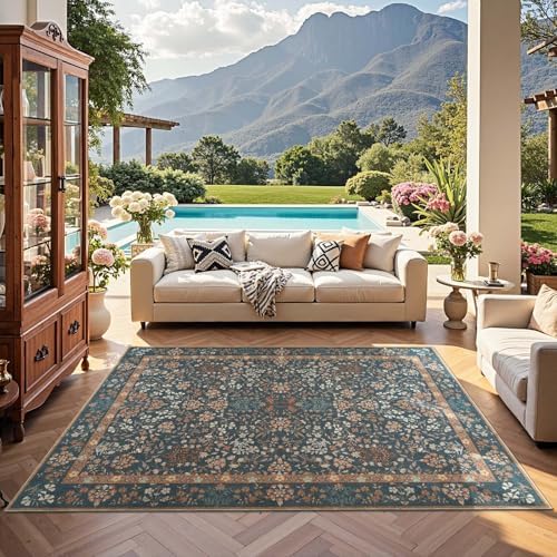 jinchan 5x7 Washable Living Room Area Rug, Vintage Floral, Dark Blue - Image 2