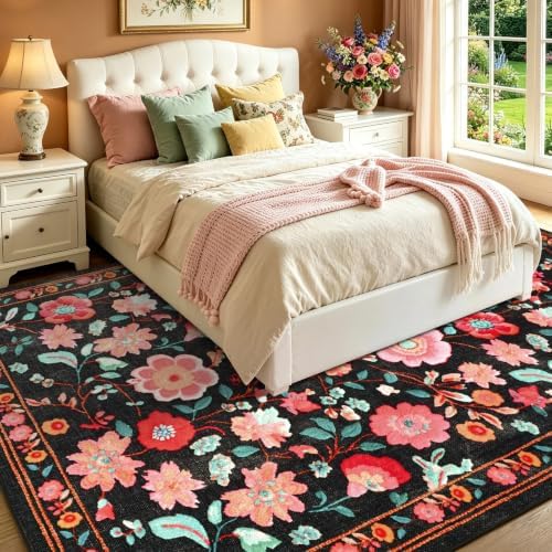 8x10 Ft Washable Area Rug for Living Room Black Vintage Floral Carpet - Image 3