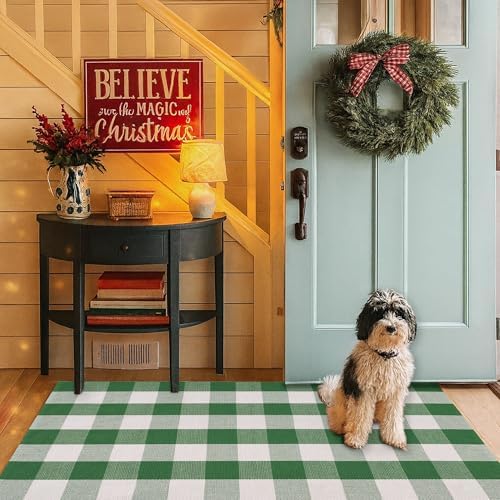 Christmas Green & White Plaid Rug - 4' x 6' Outdoor Front Door Decor Mat Cotton Washable Hand-Woven Rug Christmas New Year Holiday Porch Entryway Layered Doormat - Image 3