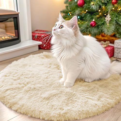 OLANLY Cream Round Rugs for Bedroom - Machine Washable, 2 ft Circle Area Rugs for Living Room, Soft and Fluffy Shaggy Carpet for Teen Girl and Boys, Nursery Rooms, Dorms, Home Decor Aesthetic by OLANLY