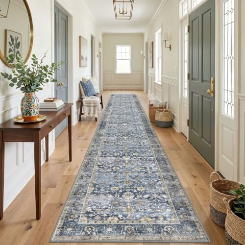 KUTA Vintage Washable Long Wide Runner Rug 3x18 Blue Grey Beige - Image 3