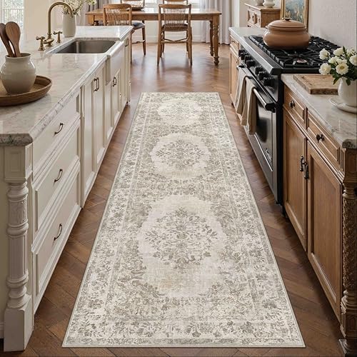 PureCozy 2x7 Washable Runner Rug Kitchen Cream Beige Vintage Long Carpet by PureCozy