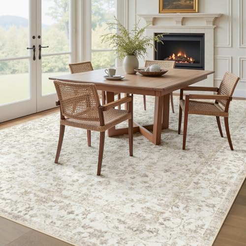 Living Room Rugs 8x10: Washable Moroccan Geometric Boho Rug Farmhouse Non Slip Stain Resistant Large Rug Low Pile Soft Carpet for Bedroom Dining Room Children Room (Beige Floral,8'x10') - Image 3