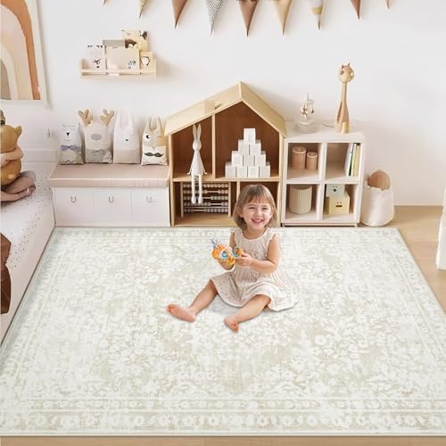 Area Rug 3x5 Entryway Rugs - Machine Washable Vintage Boho Area Rug Non-Slip Kitchen Rugs Soft Stain Resistant Indoor Door Mat, Small Floral Throw Rug for Entrance Hallway Bedroom(Cream Beige, 3'x5') - Image 3
