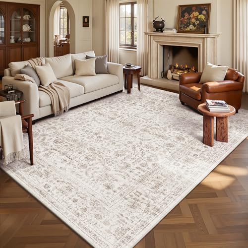 6x9 Area Rugs, Washable Vintage Retro Floral Rug for Living Room, Low Pile Non Slip Distressed Large Carpet for Bedroom, Dining Room, Office, Home (Light Brown) by Yarooge