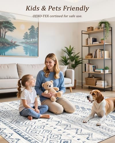 Miukiki 9x12 Area Rug for Living Room, Washable Non Slip Moroccan Rug Blue - Image 5