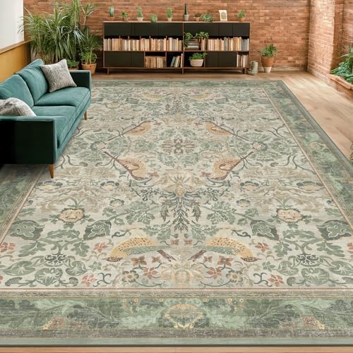 Boho 8x12 Living Room Rugs - Plant & Bird Patterned Rugs for Bedroom Under Bed, Traditional Victorian Sage Green Décor, Washable Non Slip Foldable Lightweight Carpet - Image 3