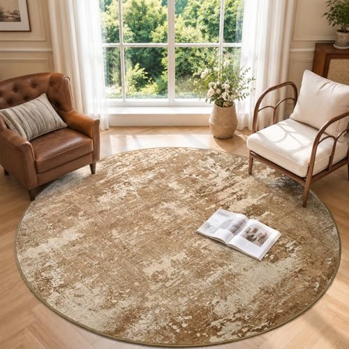 6ft Round Abstract Washable Area Rug for Living Room Brown - Image 2