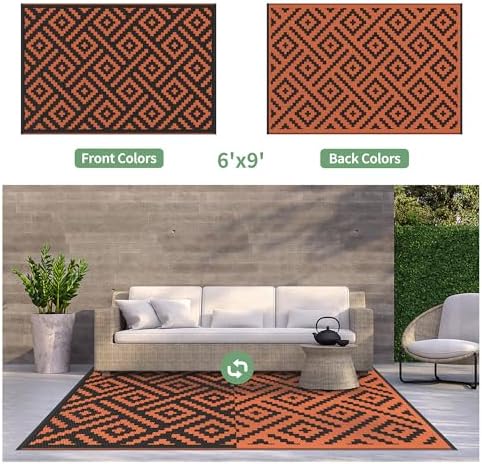 GENIMO Outdoor Rug, Waterproof Plastic Rugs for Patio, 6'x9' Black Orange - Image 3